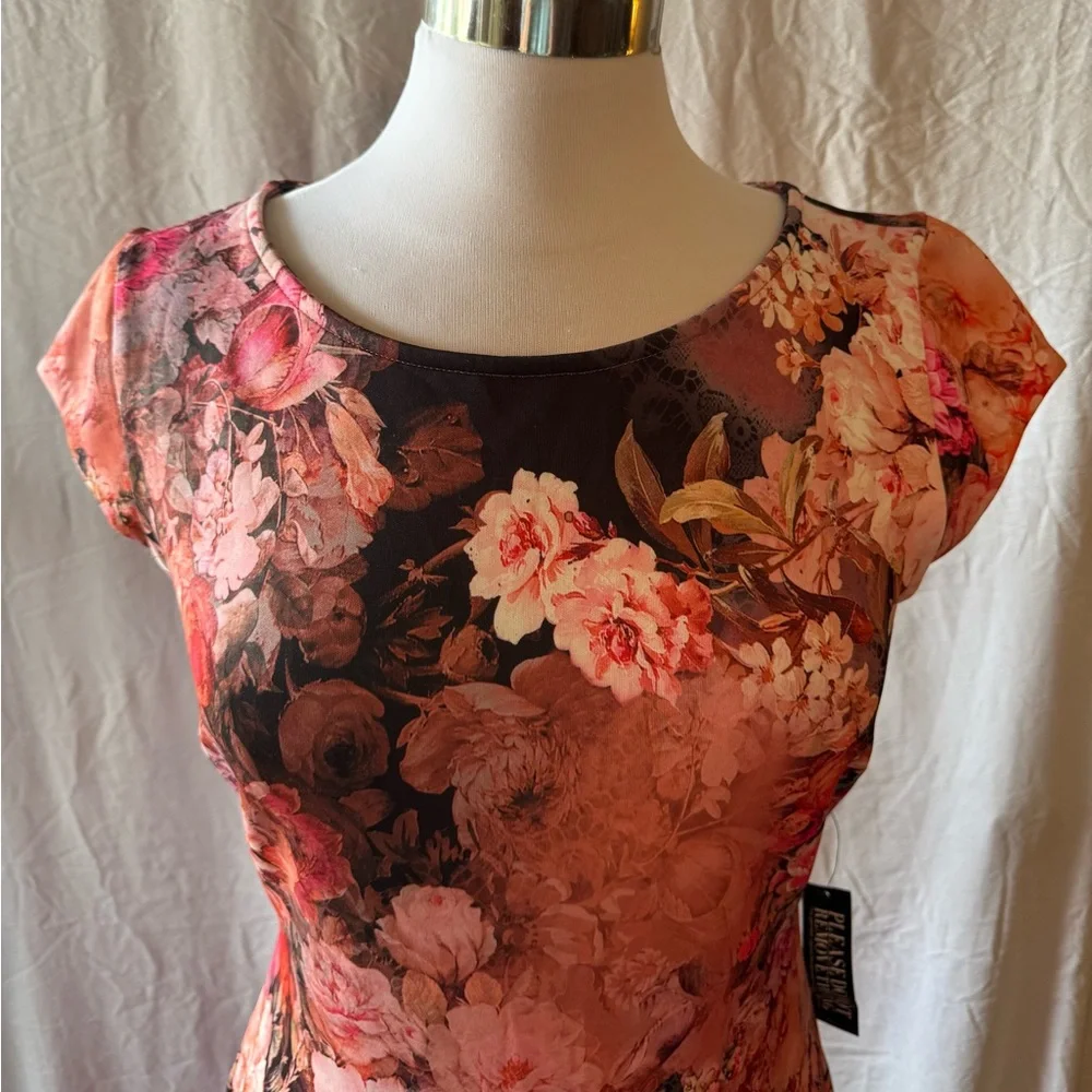Pink Orange Sheath Midi Dress Cap Sleeves Floral Print Cocktail NWT M Sexy Chic